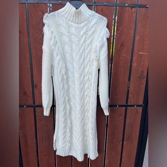 FARM RIO White Sweater Dress Cable Knit Long Sleeve High Neck Size M - Picture 2 of 6